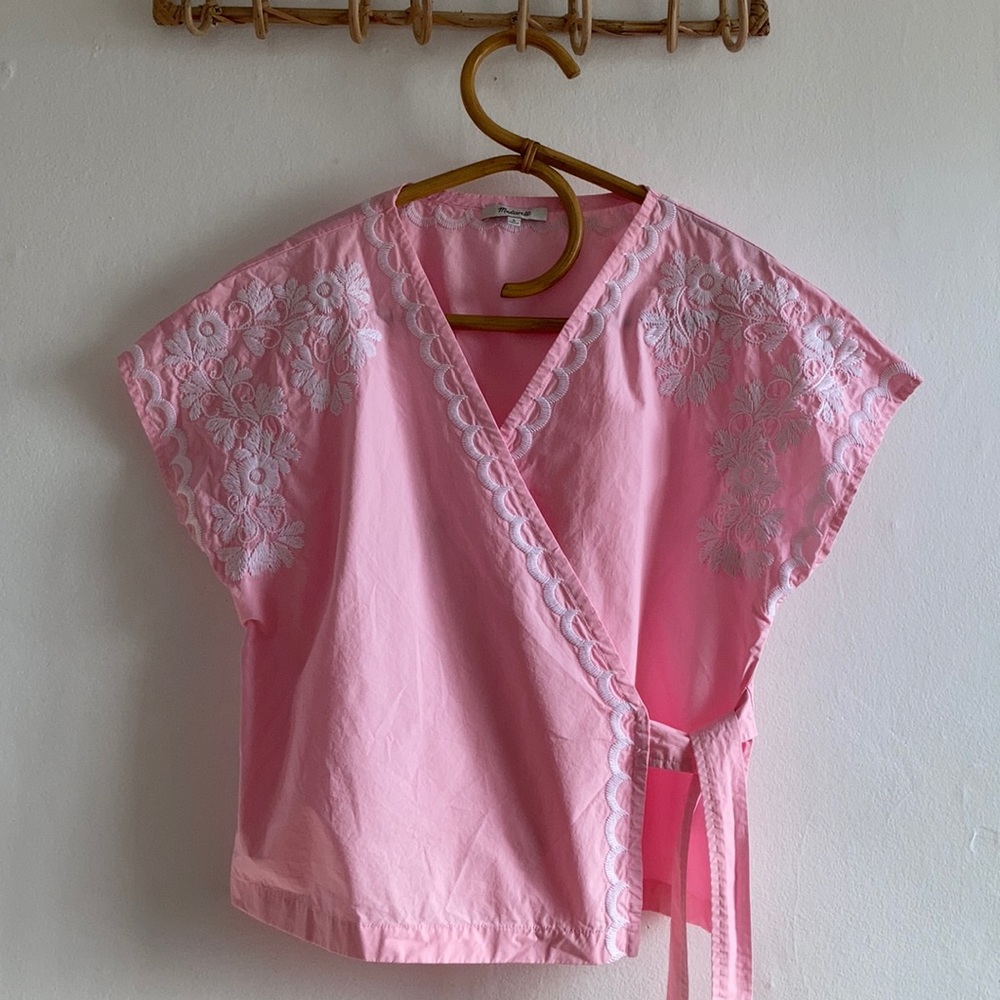 Madewell Pink embroidered side-tie wrap top large - Picture 6 of 10